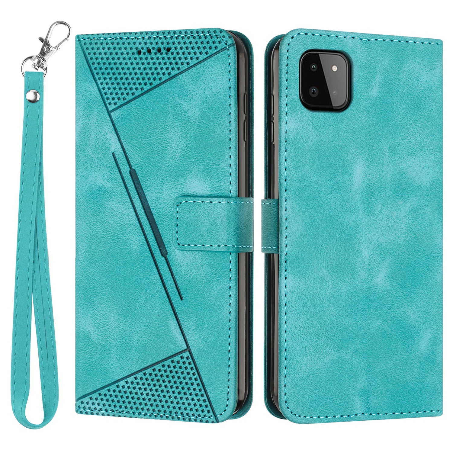 Anti-drop Phone Case for Samsung Galaxy A22 5G (EU Version) Triangle Imprint Leather Stand Wallet Cover with Strap Anti-drop Phone Case for Samsung Galaxy A22 5G (EU Version) Triangle Imprint Leather Stand Wallet Cover with Strap